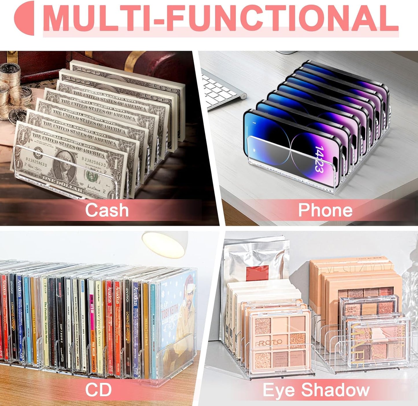 Vowcarol 2 Packs Acrylic Mail Organizer 7 Slots Cash Tray for Desk - 7 Slots File Organizer Clear Desktop Bill Divider Holder, Envelope Holder, Transparent Countertop Mail Holder