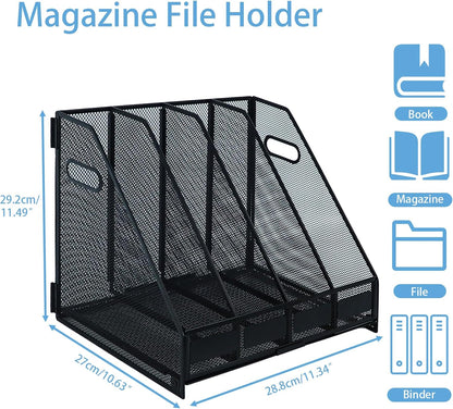 Desk Organizers Metal Magazine File Holder Racks Desktop Folder Storage Binder Organiser Document Organization for Home Office & Classroom,5 Vertical Compartments