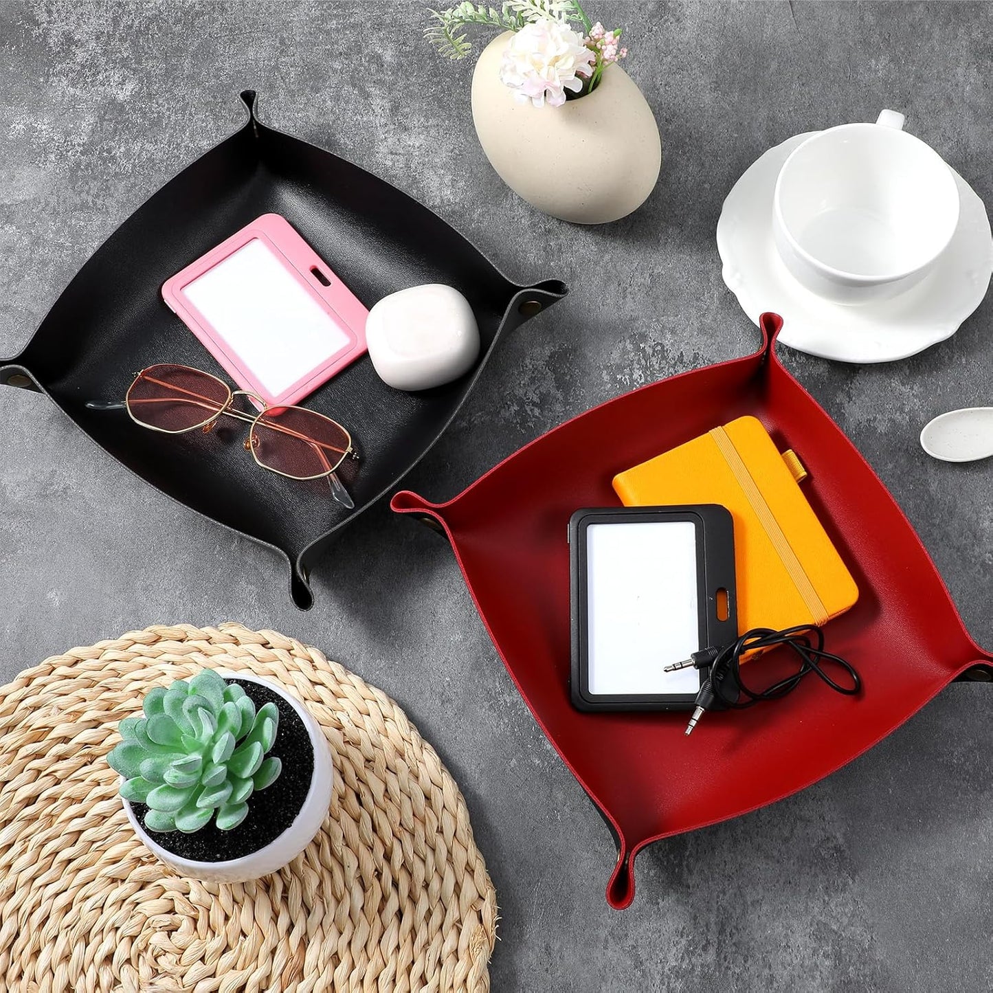 8 Pack Valet Tray PU Leather Jewelry Tray for Women and Man Portable Catchall Travel Storage Dish Plate Key Trays For Entryway Desk Organizer for Phone, Keys, Glasses, Wallet, Earphone, Watch, Coin