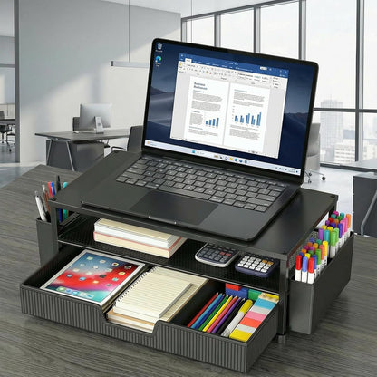 ECOLOVI Desk Organizer and Accessories, 2-Tier Computer Monitor Stand Rise with Storage Drawer & 2 Pen Holders, Laptop & Printer Stand for Desktop, Workspace Organizers for Office Supplies (Blue)