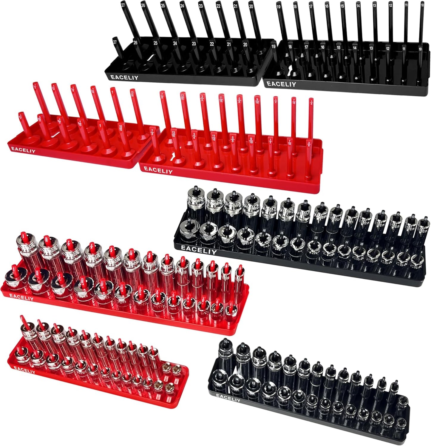EACELIY 6-Piece Magnetic Socket Organizer Set, 1/2", 1/4" and 3/8" SAE & Metric Deep & Shallow Socket Holder Kit, holds 141 stanard Sockets, attaches to steel box/tool cart (sockets not included)