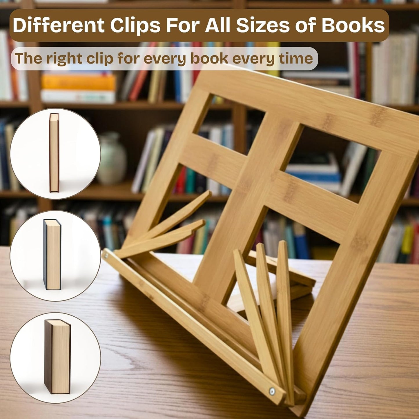 Book Stand for Reading, 3 Clips for Multiple Book Sizes, 5 Adjustable Viewing Angles, Hands Free Book Holder, Portable Stable Hard-Wearing Lightweight Bookstand Textbooks Cookbook
