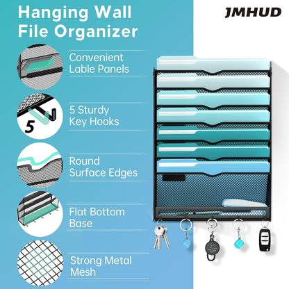5 Tier Wall File Organizer - Hanging File Organizer with 5 Hooks, Mail Holder Wall Mounted for Papers, Folders, Magazines, Bills, Office&School Organization, Black