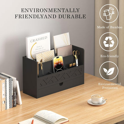 Bamboo Mail Organizer Countertop Desktop with Drawer - Desk Organizer with File Organizer for Office Supplies All-in-One Desk File Organization with Pencil Holder for Paper Letter Envelope Bill