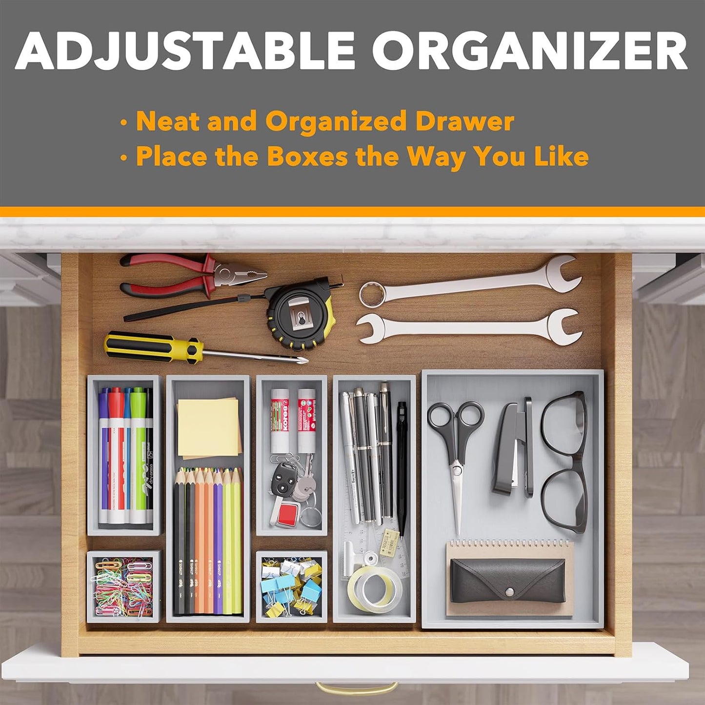 SpaceAid 7-Piece Bamboo Drawer Organizer Storage Boxes Set, Wood Tray Junk Drawer Organizers Multi-Use Divider Bins for Kitchen, Bathroom, Office Desk and Makeup Organization (7 Pack, Natural)