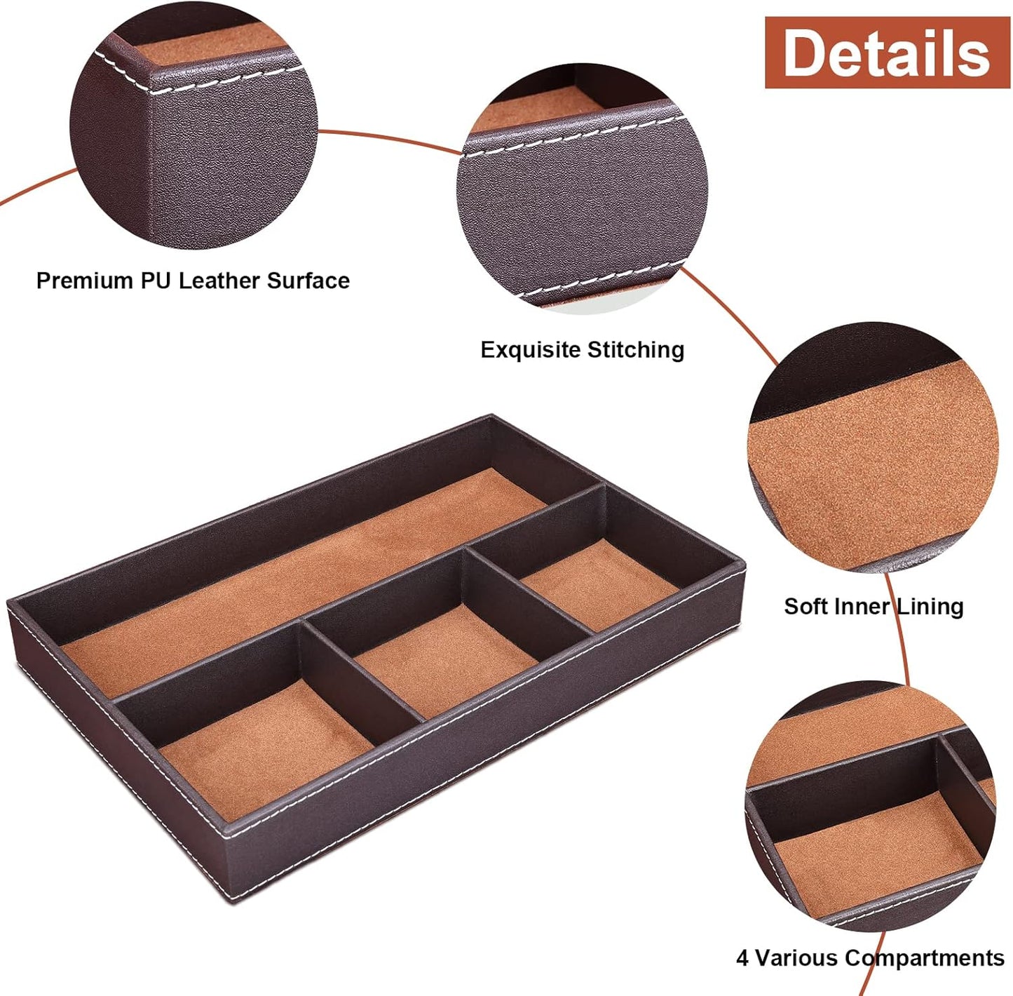 GORESE 2 Pieces Faux Leather Valet Tray for Men, Stackable Jewelry Organizer for Drawers, Nightstand Caddy Tray for Key, Wallet, Sunglass, Watch, Coin, Phone, Bedside Desk-top Storage Black