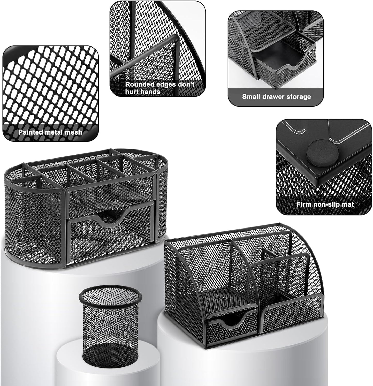 17 in1 Silvery Desk Organizers and Accessories Set, 3 Office Desk Supplies Storage Organization, 4 Pens, Stapler, Staples & Remover, Tape & Dispenser, Scissors, Ruler, Clips, Hole Punch Back to School