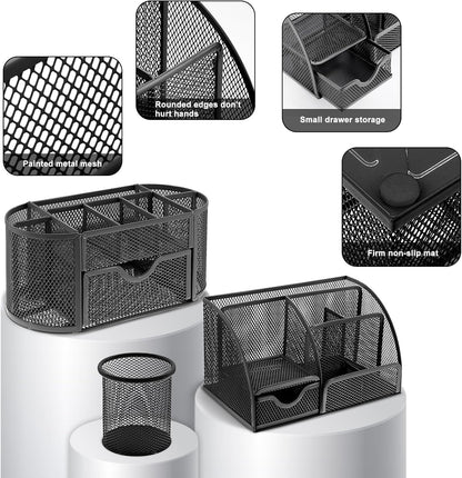 17 in1 Silvery Desk Organizers and Accessories Set, 3 Office Desk Supplies Storage Organization, 4 Pens, Stapler, Staples & Remover, Tape & Dispenser, Scissors, Ruler, Clips, Hole Punch Back to School