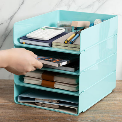 Tiawudi Desk Organizer, Clear Office Organization and Storage, Plastic Letter Tray, Stackable File Organizer for Classroom, Home, Documents, Notes, Folders, Books and Pens, 4 Tier