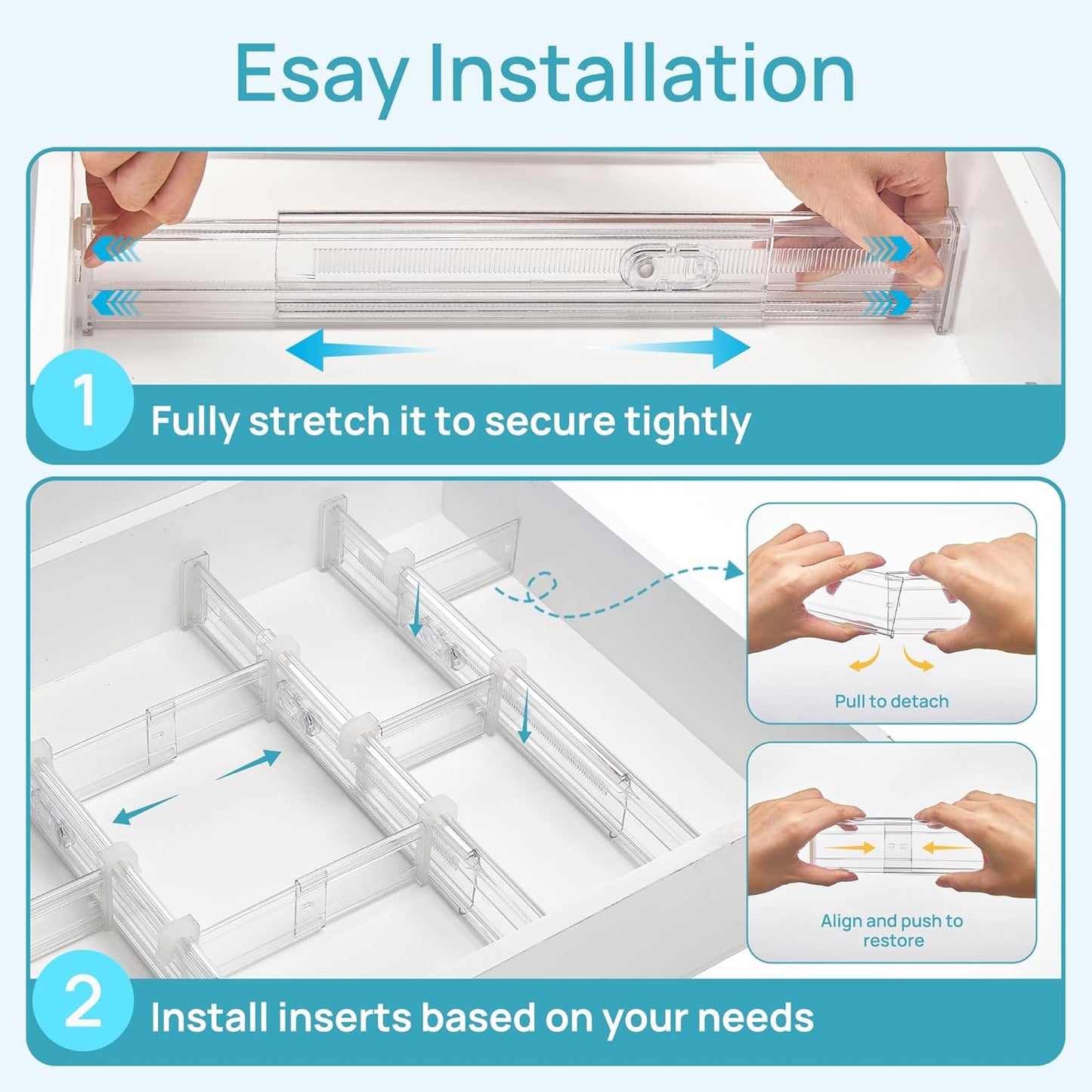 Vtopmart 8 Pack 6" Tall Upgrade Drawer Dividers for Big and Deep Drawer, 12.8"-22.3" Adjustable Expandable Dresser Drawer Organizer, Clear Plastic Separators for Dresser, Baby Supplies, Kitchenware