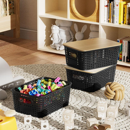 6Pcs Storage Bins with Lids, Stackable Plastic Storage Basket with Bamboo Lid, Pantry Organizer Box Small Containers for Organizing Shelves Drawer Desktop Closet Cabinet Office Classroom 10x7.1x4.1in