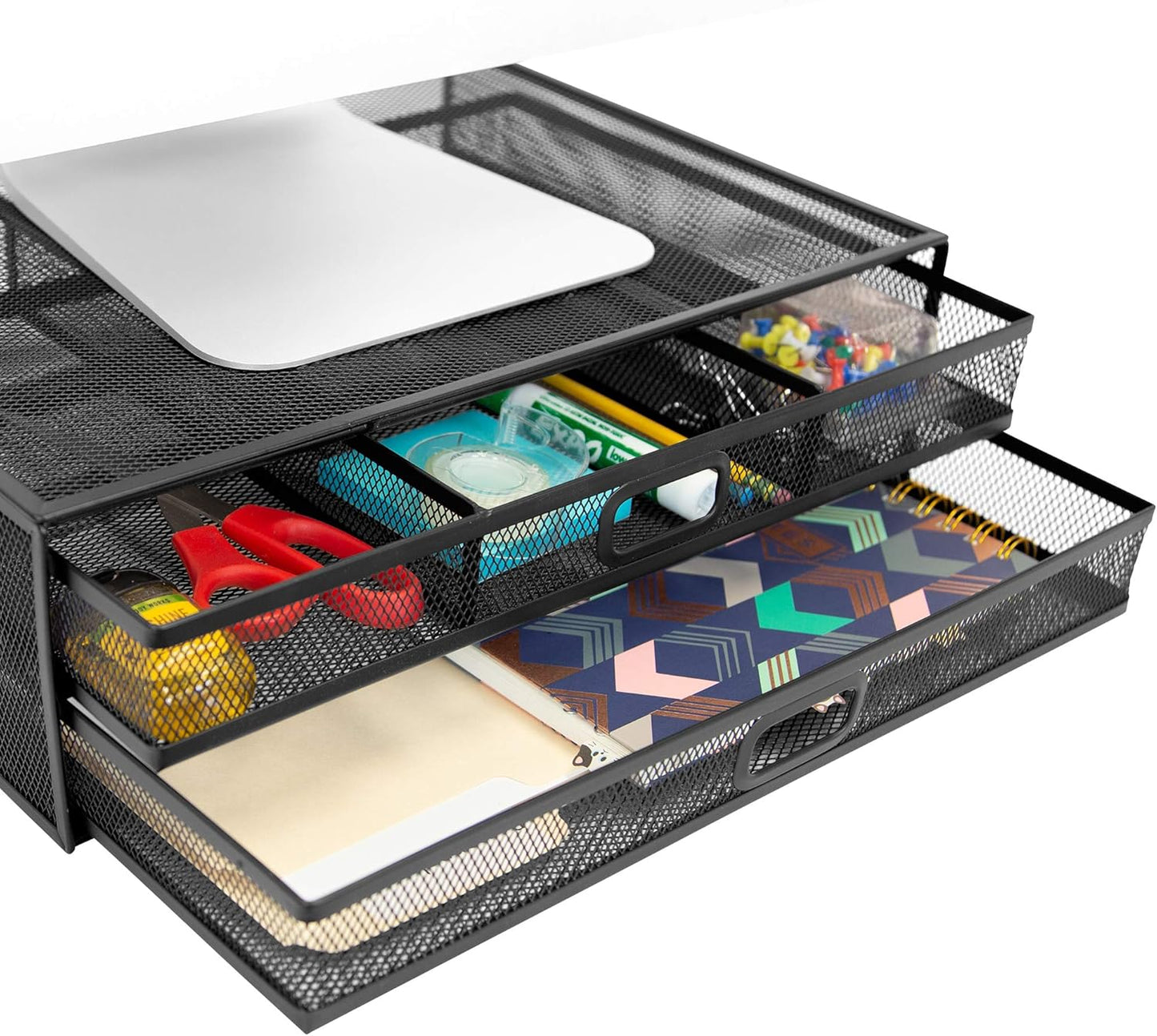 Mount-It! Mesh Computer Monitor Stand Riser [Metal] Desk Organizer with Two Pullout Storage Drawers for Desktop, Laptop, and Printer Accessories and Office Supplies (White)