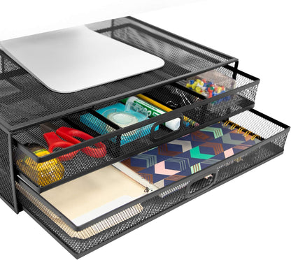 Mount-It! Mesh Computer Monitor Stand Riser [Metal] Desk Organizer with Two Pullout Storage Drawers for Desktop, Laptop, and Printer Accessories and Office Supplies (White)