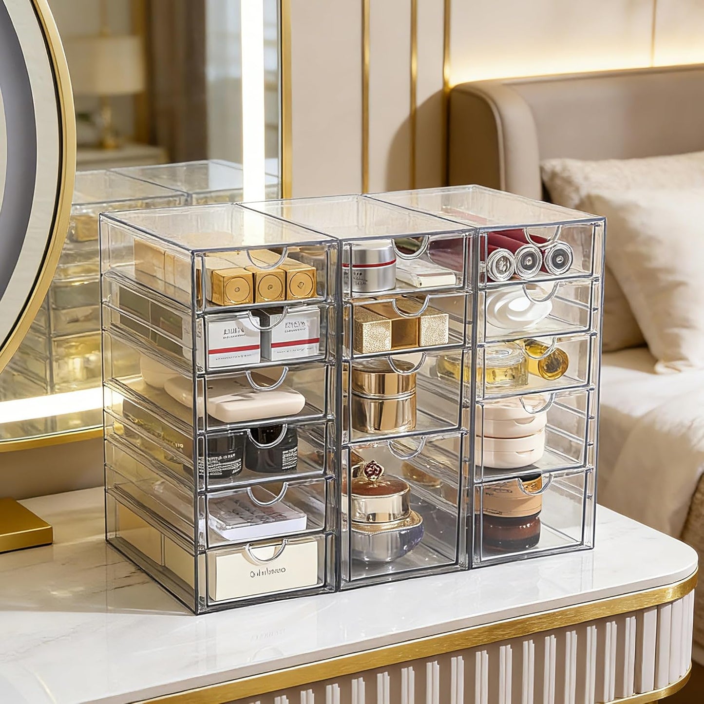 Prsildan Acrylic Makeup Organizer, 2 Pack Stackable Storage Drawers with 6 Drawers for Office Desk Vanity Craft Room Clear Drawer Organizers for Hair Accessories Art Supplies Cosmetics Modular System