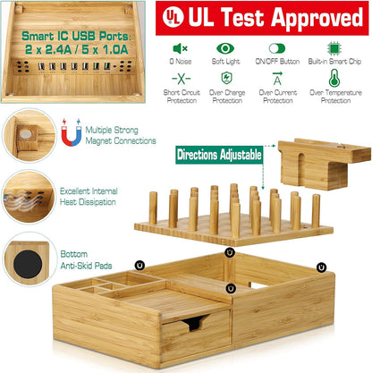 Bamboo Charging Station for Multiple Devices - Darfoo Wood Charging Dock Organizer with Drawer, 7 USB Charging Ports Compatible with Cell Phones, Tablet, Smart Watch & Earbud