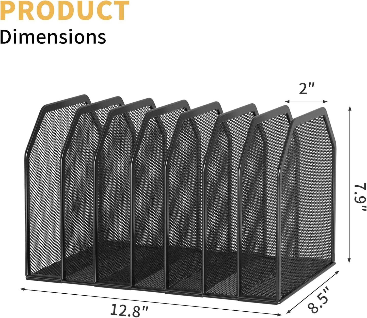 FANXIYQ Metal 7-Section File Folder Organizer for Desk | Vertical Office File Holder | Heavy-Duty Mesh Document Sorter for Books, Binders, Laptops | Black Desk Organizer (12.8”x8.5”x7.9”)
