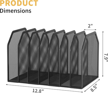 FANXIYQ Metal 7-Section File Folder Organizer for Desk | Vertical Office File Holder | Heavy-Duty Mesh Document Sorter for Books, Binders, Laptops | Black Desk Organizer (12.8”x8.5”x7.9”)