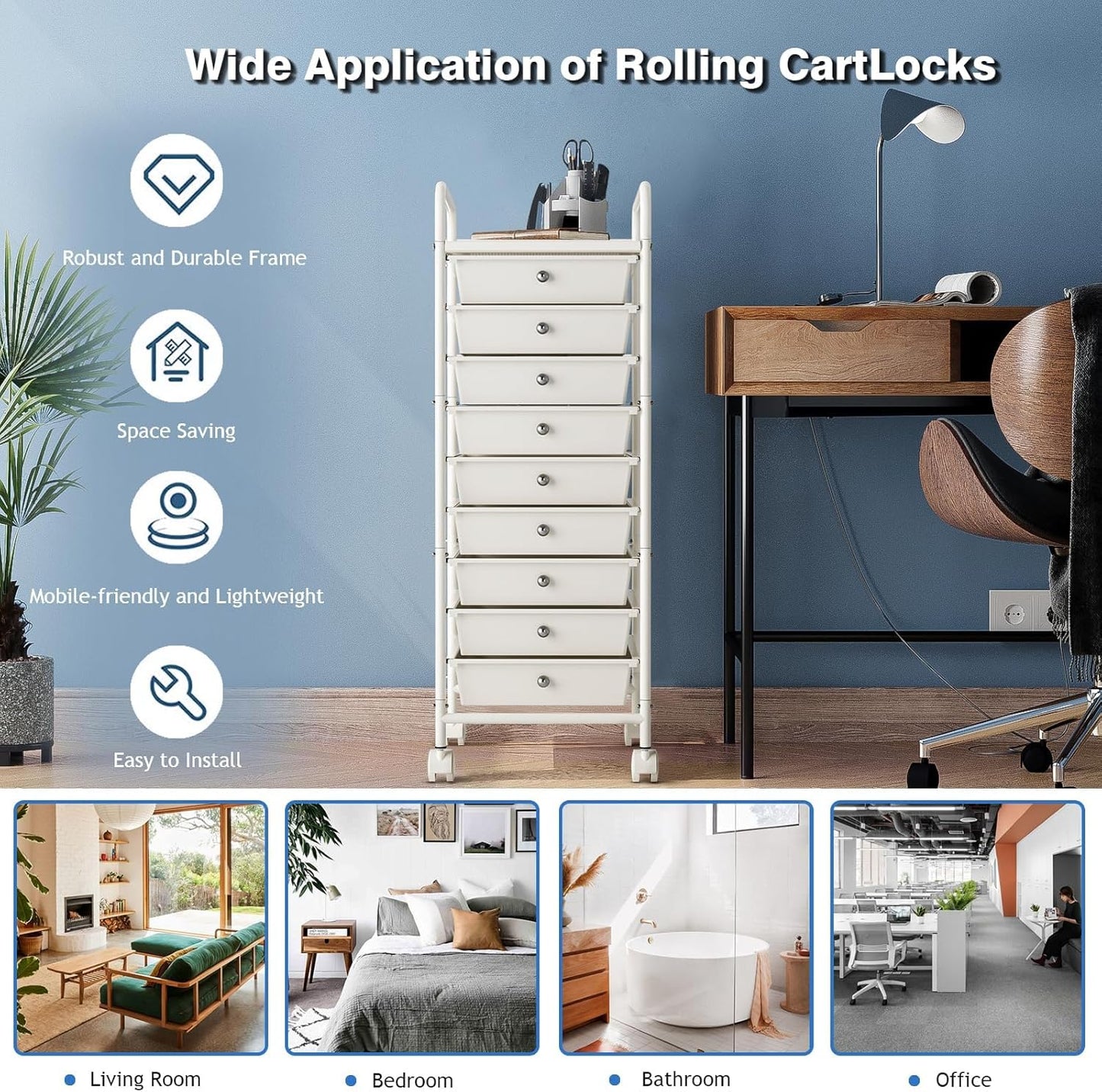 4-Tier Utility Cart with 4 Drawers, Rolling Utility Cart with 2 Lockable Caster Wheels, Multipurpose Mobile Rolling Drawer Cart for Office Bathroom Kitchen, Ivory White