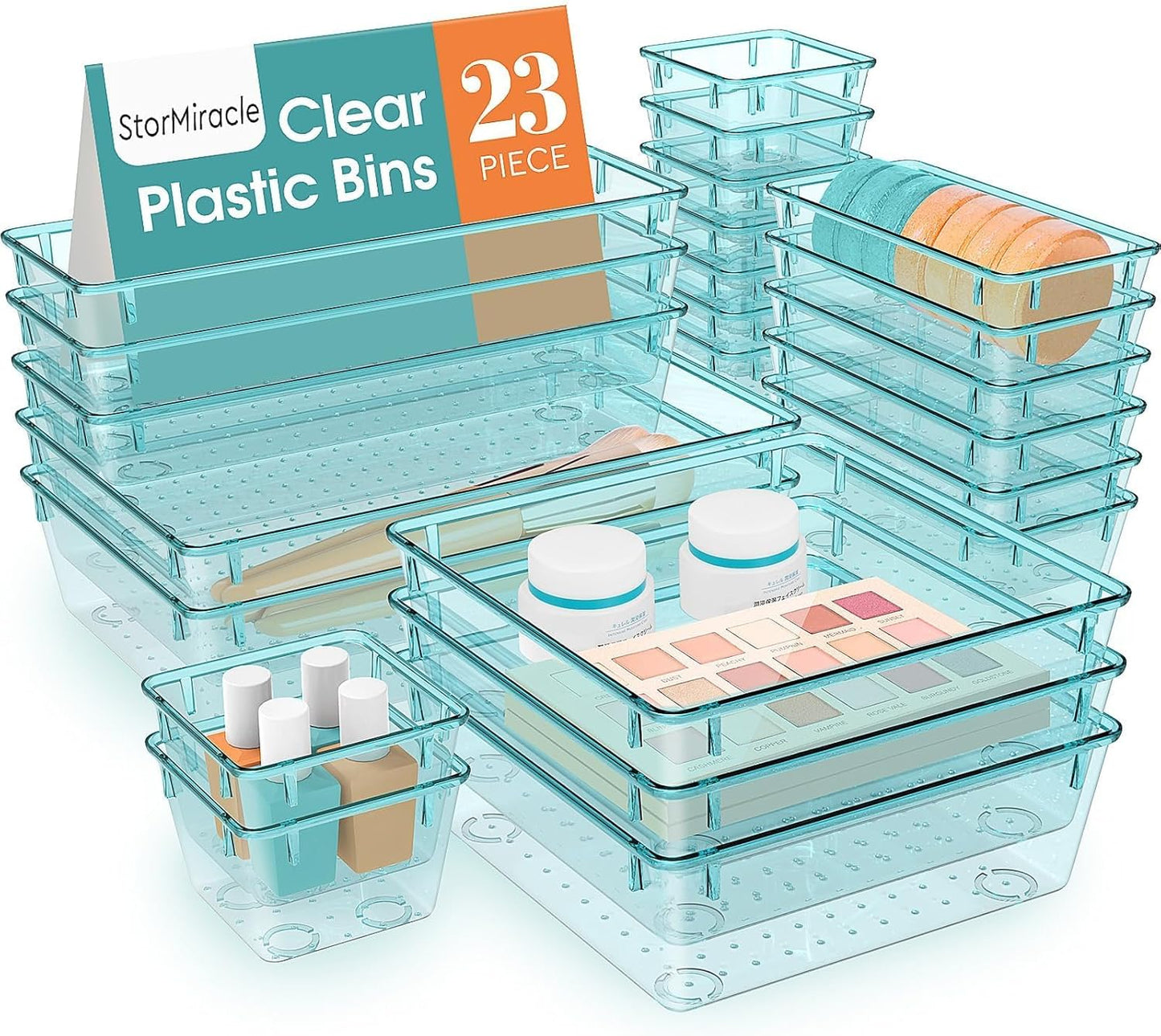 StorMiracle 16 PCS Drawer Organizer Set, 5 Varied Size Bathroom and kitchen Drawer cabinet organizer Trays, Clear Storage Bins for Makeup, Jewelry, Utensils and Gadgets