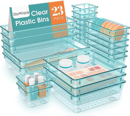 StorMiracle 16 PCS Drawer Organizer Set, 5 Varied Size Bathroom and kitchen Drawer cabinet organizer Trays, Clear Storage Bins for Makeup, Jewelry, Utensils and Gadgets