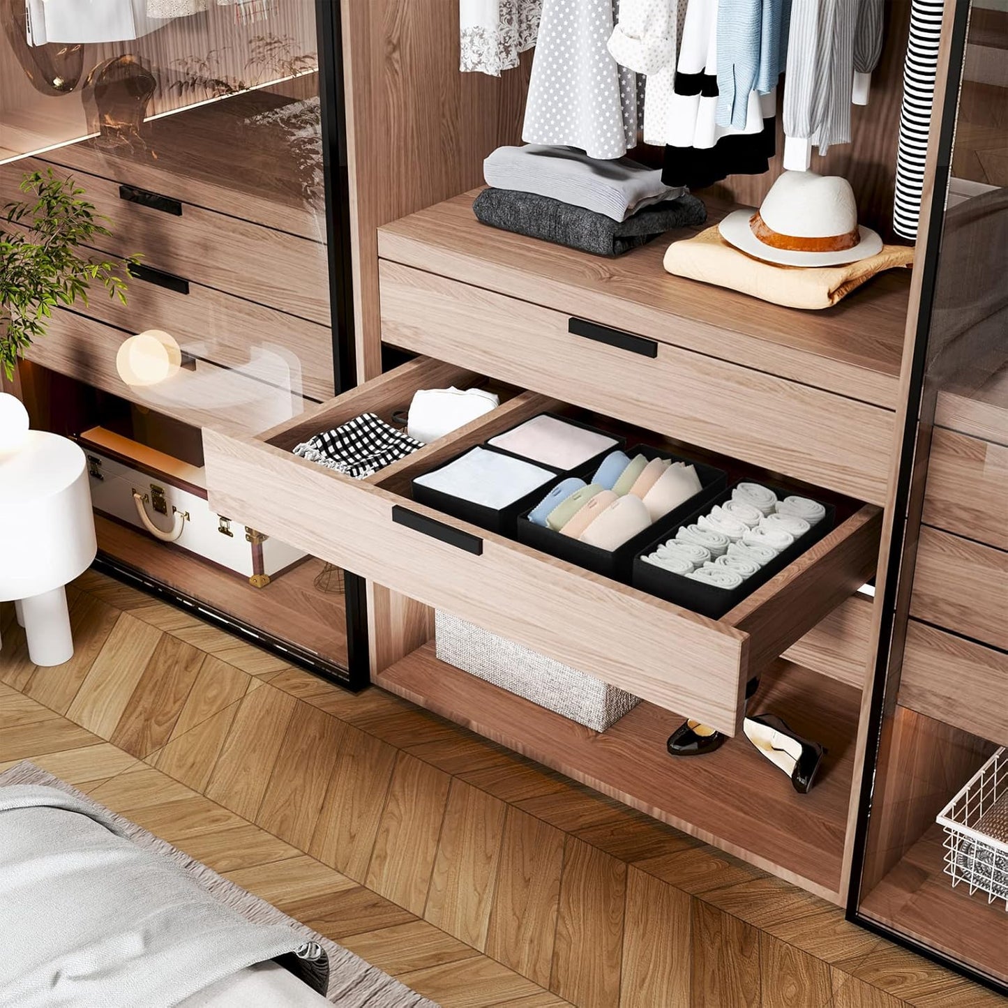 DIMJ Drawer Organizers Clothes, Dresser Organizer Bins for Baby Clothes,Underwear and Sock, Fabric Closet Organization and Storage Boxs, Drawer Dividers for Nursery, Clothing, Tie - 4 Pack, Beige