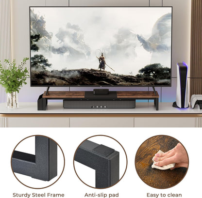 LAND·VOI Heavy Duty Dual Monitor Stand, Holds 2 Screens Up to 27 Inches, Adjustable Length and Angle Monitor Riser, Desk Organizer with Side Pockets and Drawers, Home Office Desk Storage, Rustic Brown