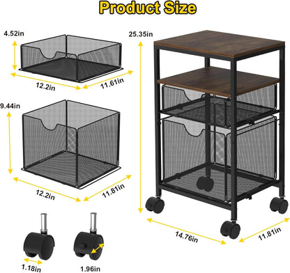 BOHDK Rolling File Cart with 2 Storage Drawers, Wood & Mesh Hanging File Folder Organizer with Wheels Under Desk, File Cabinets for Home Office, 14.7" L x 11.8" D x 25.3" H