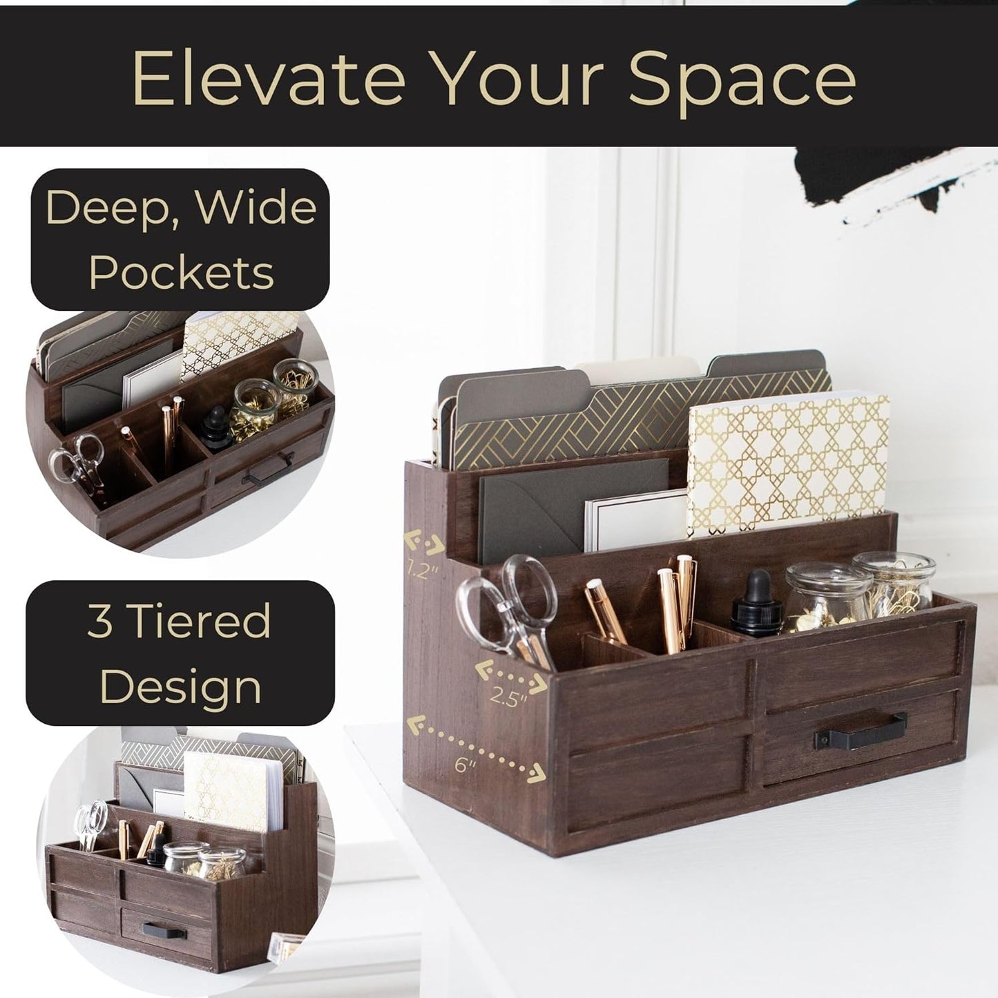 BLU MONACO | White Desktop Organizer with Drawer Storage | Tabletop Organizer with Drawers for Paper Bills Mail | Wooden Mail Organizer for Countertop Workspace | with Drawer, Bill