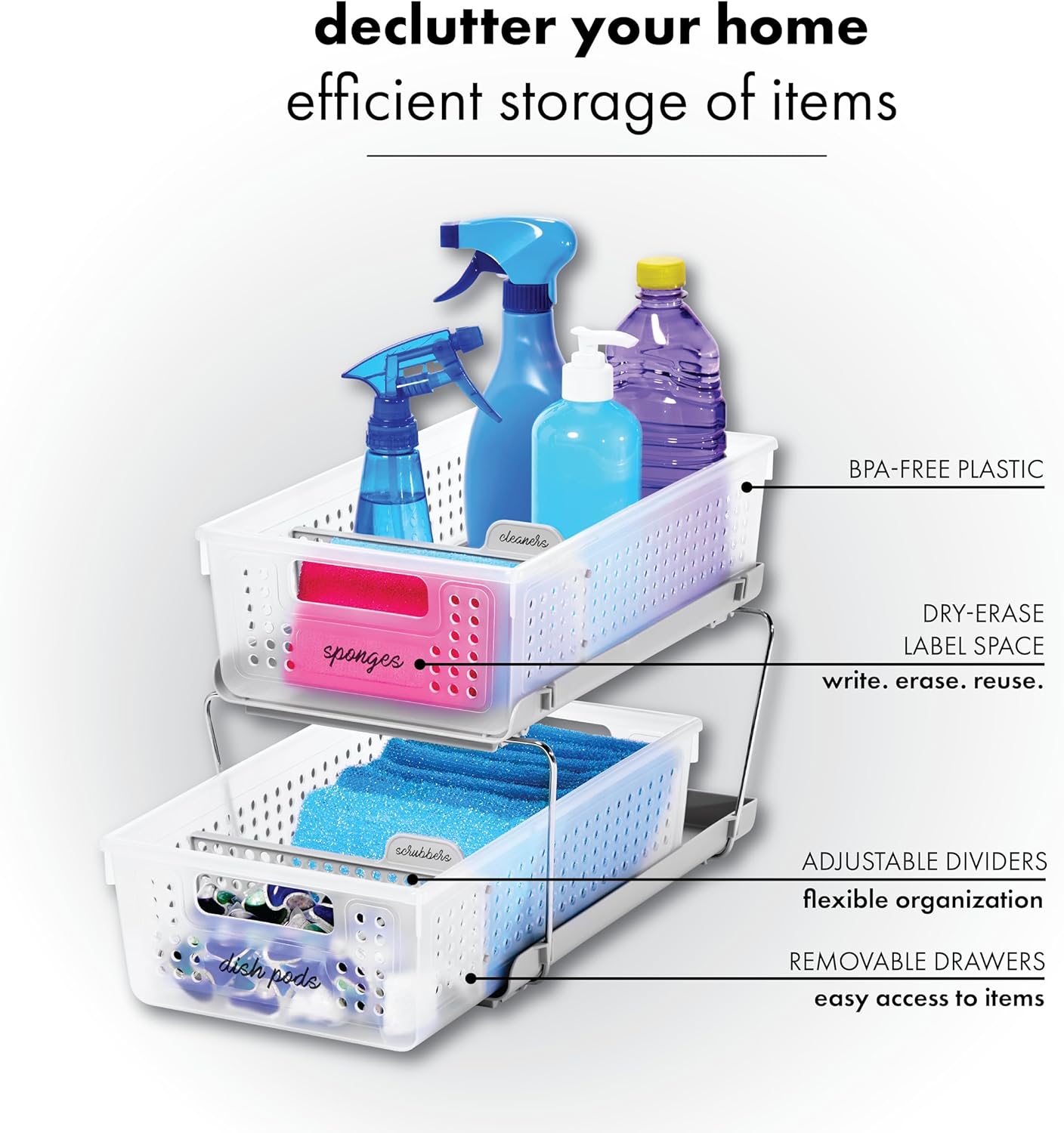 madesmart 2 Tier Bath Organizer, Undersink Storage with Sliding Drawers, for Cleaning Supplies, Pantry, Sponges, Bottles & Kitchen Essentials, Adjustable Dividers & Pull Out Sliding Baskets, Frost