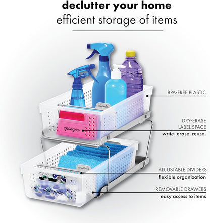 madesmart 2 Tier Bath Organizer, Undersink Storage with Sliding Drawers, for Cleaning Supplies, Pantry, Sponges, Bottles & Kitchen Essentials, Adjustable Dividers & Pull Out Sliding Baskets, Frost