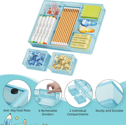 Marbrasse 3 Packs Desk Drawer Organizers, Metal Mesh Dividers Desk Drawer Organizer Tray with 9 Adjustable Compartments, Pen Organizer for Drawer Tray Box Accessories for Desktop,Kitchen, Makeup