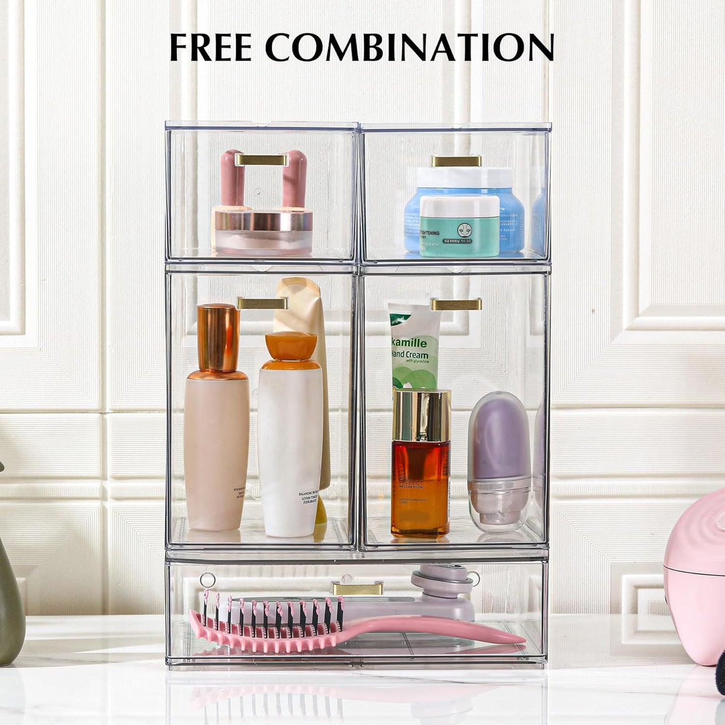 LALOBLUE Set of 5 Stackable Storage Drawers, Clear Acrylic Organizer Bins for Beauty Supplies, Perfect for Makeup Vanity, Undersink, Kitchen, Cabinet,Pantry Organization and Storage