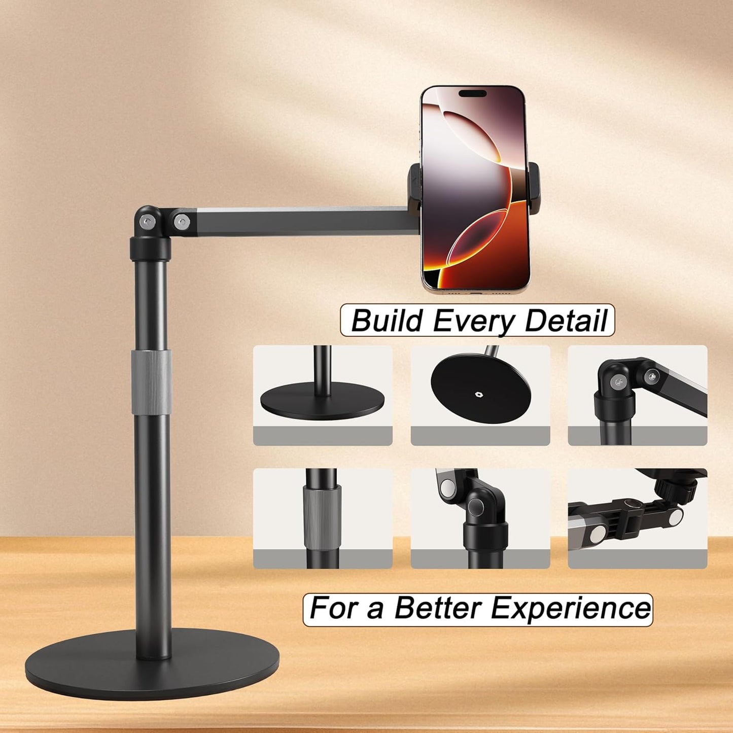 Phone Stand for Recording Overhead Desktop Phone Holder Mount with Flexible Extension Arm, Adjustable Height, for Video, Painting, Meeting, Fliming
