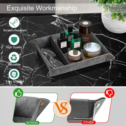 SITHON Valet Tray Desktop Storage Organizer, Removable 2 Compartments Catchall Tray Bedside Vanity Nightstand Caddy Holder Desk Storage Plate, Valentine's Day Gift, Brown