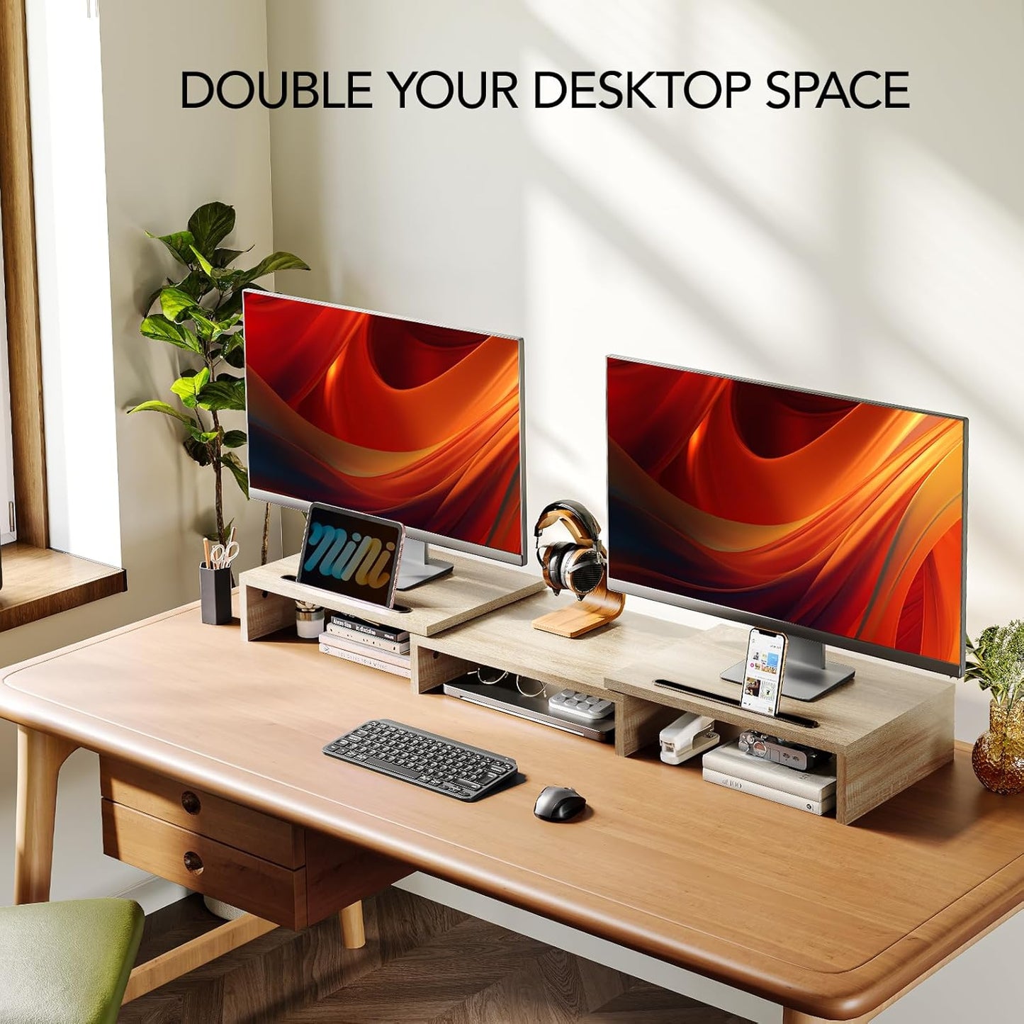 AMERIERGO Dual Monitor Stand Riser for 2 Monitors, Monitor Stand for Desk, Adjustable Computer Monitor Stand with 2 Slot, Multifunctional Desktop Organizer Stand for Laptop, PC, Computer, Printer