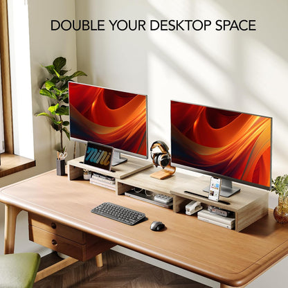 AMERIERGO Dual Monitor Stand Riser for 2 Monitors, Monitor Stand for Desk, Adjustable Computer Monitor Stand with 2 Slot, Multifunctional Desktop Organizer Stand for Laptop, PC, Computer, Printer