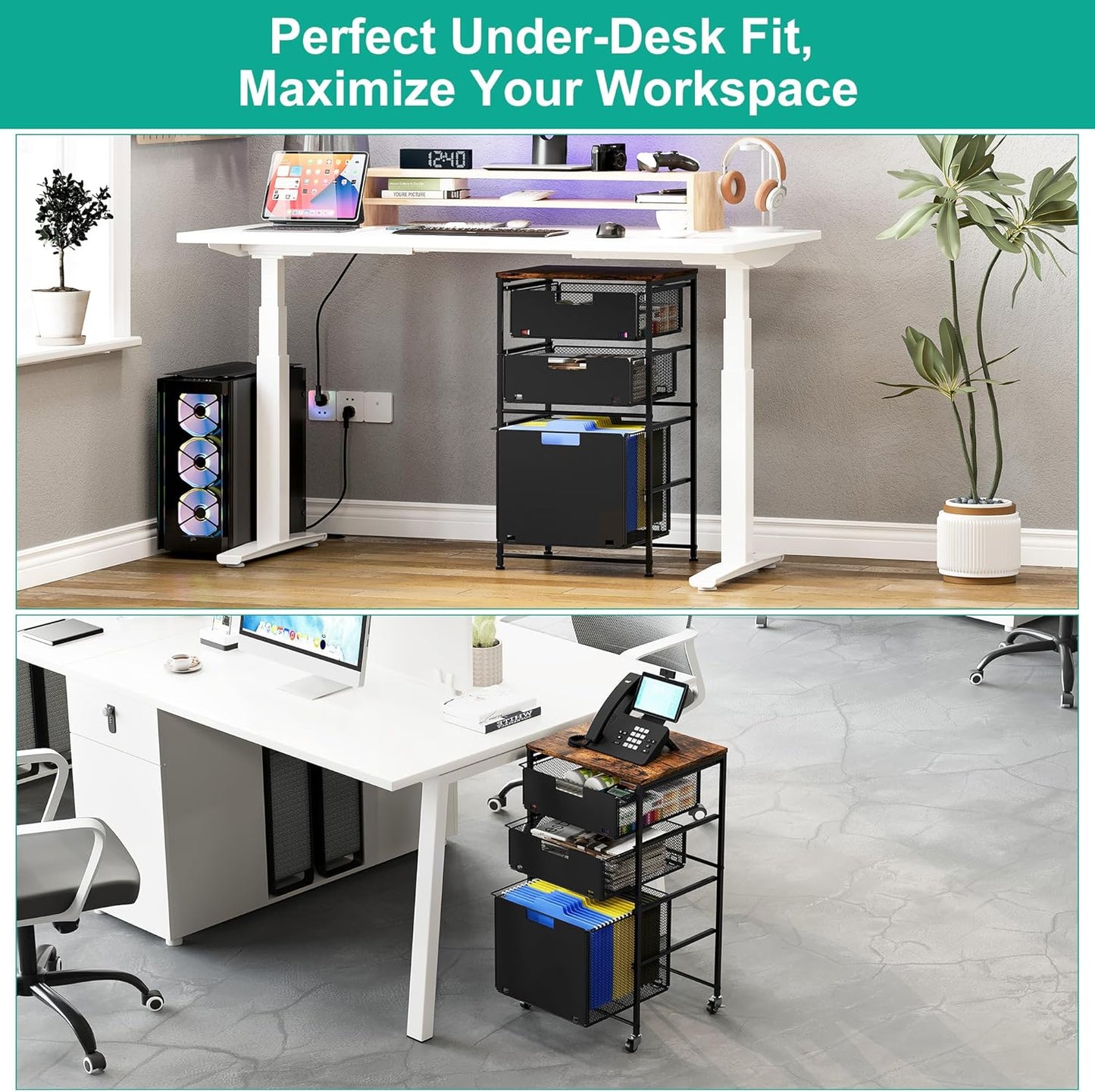 3-Drawer Storage Organizer, Under Desk Rolling File Cart with Lockable Wheels, Hanging File Folder Organizer for Letter Size, Utility Craft Cart Filing Cabinet for Home Office,Black