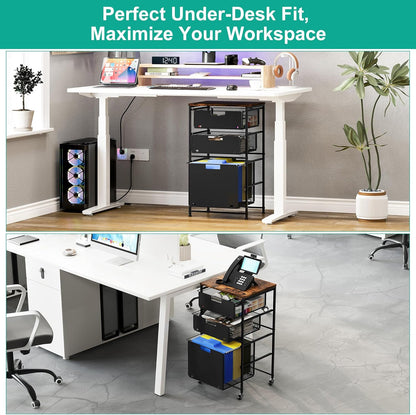 3-Drawer Storage Organizer, Under Desk Rolling File Cart with Lockable Wheels, Hanging File Folder Organizer for Letter Size, Utility Craft Cart Filing Cabinet for Home Office,Black