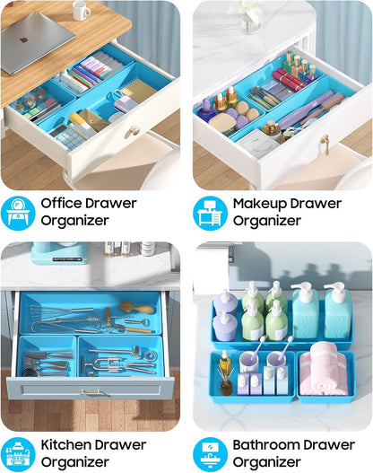 10 Pack Large Size Plastic Drawer Organizers Set, 3 Sizes Desk Drawer Organizer Trays, Storage Bins for Vanity, Makeup, Bathroom, Kitchen Utensils and Office (Black)