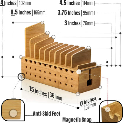 Prosumer's Choice Multi Device Charging Station - Bamboo Charging Dock and Cord Organizer for 10 Devices - Bamboo Desk Organizer Rack with Cable Box for Power Strip Storage, Phones and Tablets