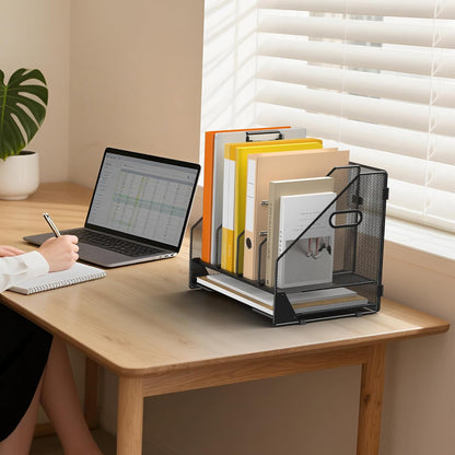 Desk File Folder Holder Organizer-5 Vertical Compartments Racks and Paper Letter Tray,Mesh Magazine File Holder Sorter,Desktop Accessories & Workspace Organizers for Home,Office,School-Black
