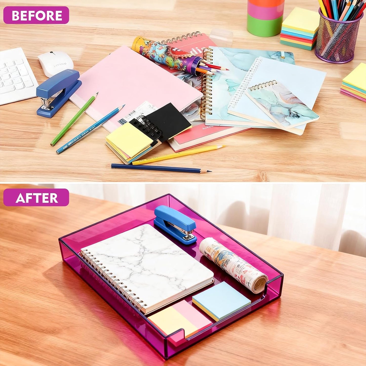 Paper Tray Acrylic File Organizer for Desk Letter Tray Desk Organizer Document Holder Sorter Storage for A4 Office Supplies Magazines, 13.8x10.6x2.4 Inches, Neon Pink