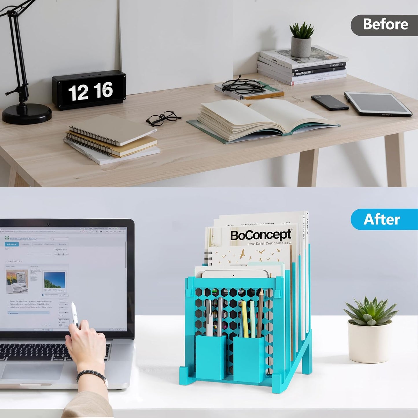 File Organizer for Desk with Storage Box & Hook, Inclined Desk File Organizer with 5-Section Vertical File Holder Suitable for Home Office Document Organization (Black)