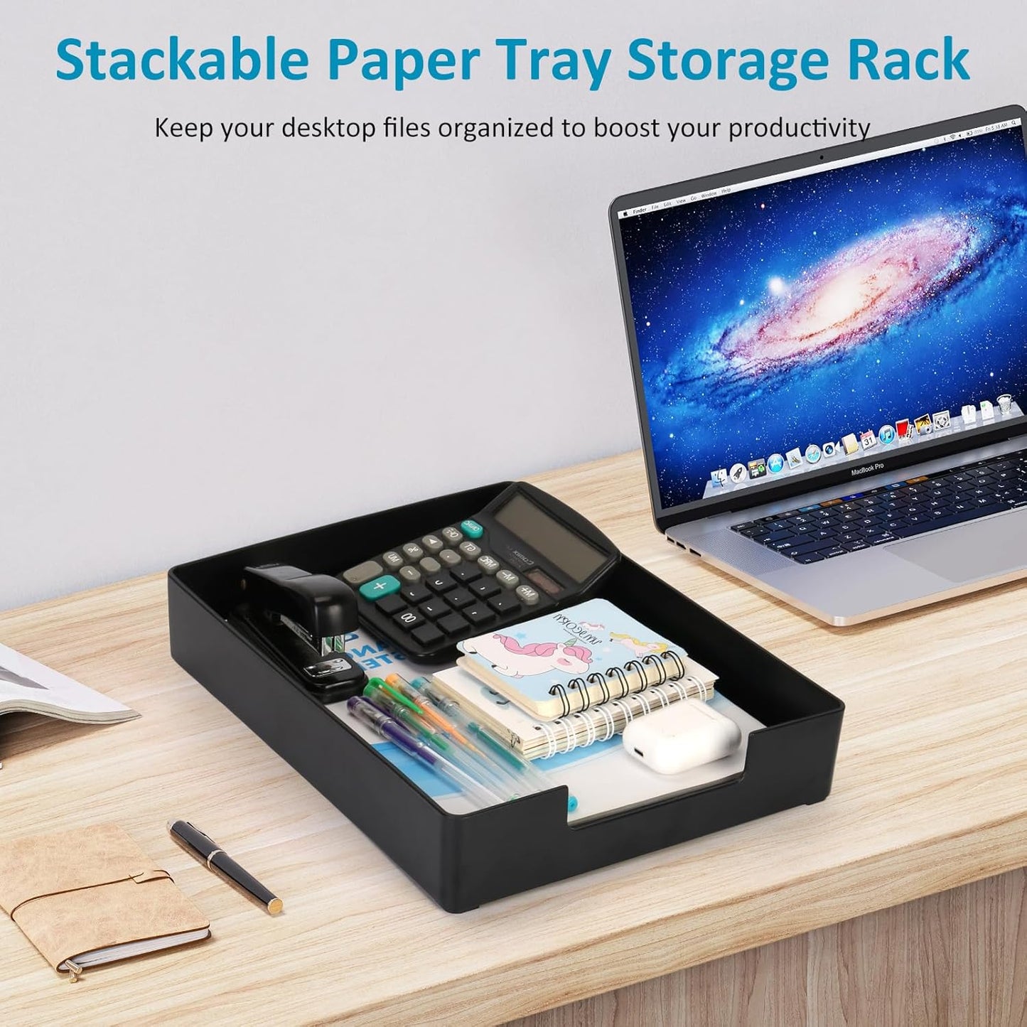 Letter Tray, Desk Organizer Tray, A4 Plastic Paper Tray Organizer for Desk, Stackable Rectangular Inbox Mail File Holder, Drawer Organizer for Desk Accessories Office School Home Supplies (Black)
