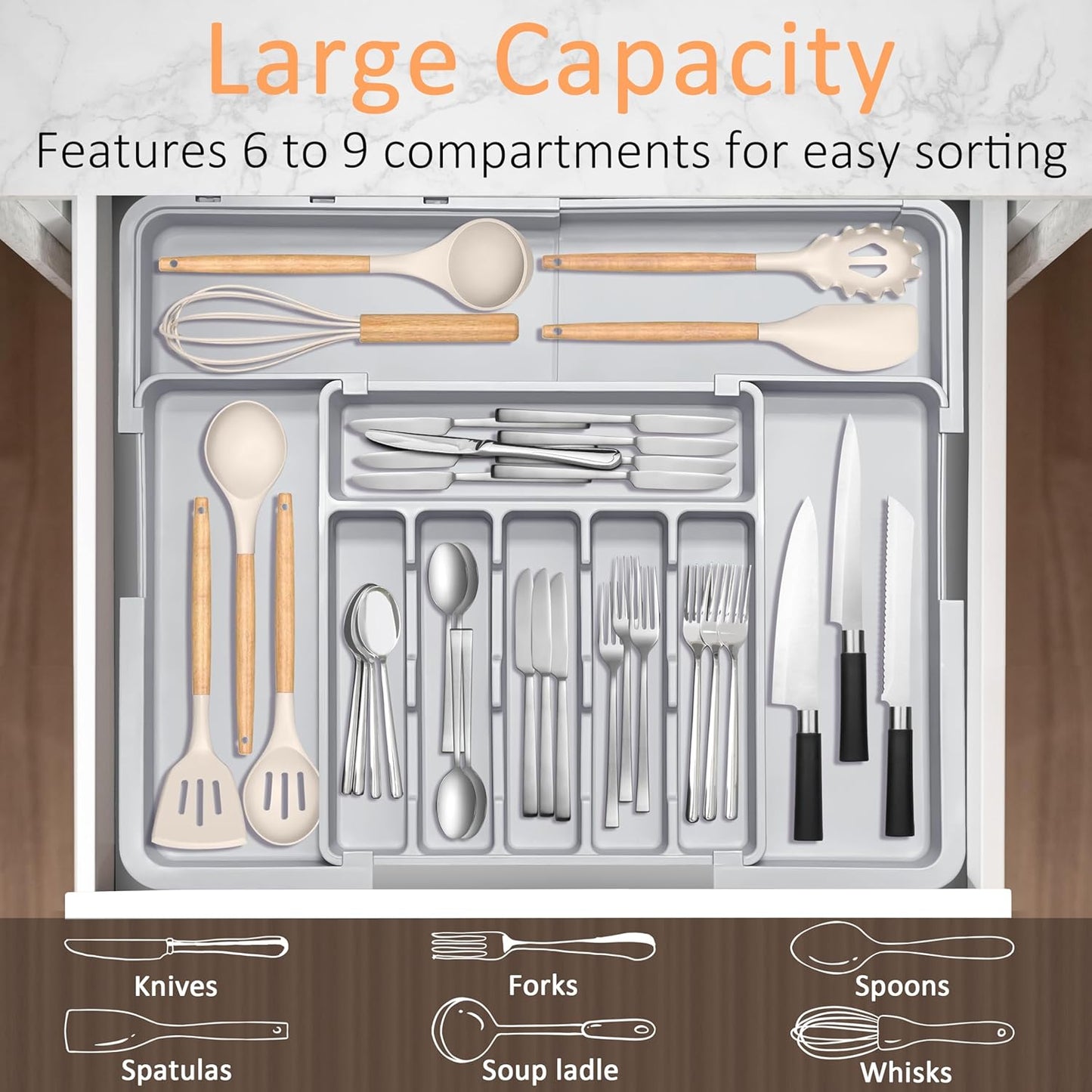 Spaclear Silverware Organizer Expandable Kitchen Utensil Drawer Organizer Large BPA Free Adjustable Cutlery Silverware Tray for Spoons Forks Knives Storage Divider for Kitchen Flatware 6-9 Slots Black