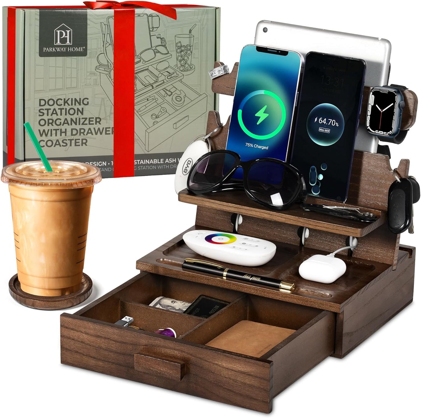Black Wood Phone Docking Station for up to 3 Phones - Nightstand Organizer with Drawer for Valuables for Men & Women, Compatible With Apple Watch, Holds Phones, Tablets, Keys, Rings, Glasses, EDC