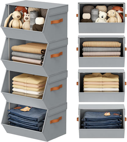 Stackable Closet Organizers and Storage Bins, Open Front Closet Shelf Organizer System With Steel Frame, Clothes Storage Basket Fabric, Collapsible Closet Drawers for Wardrobe, Nursery ,Toy, 4 Pack