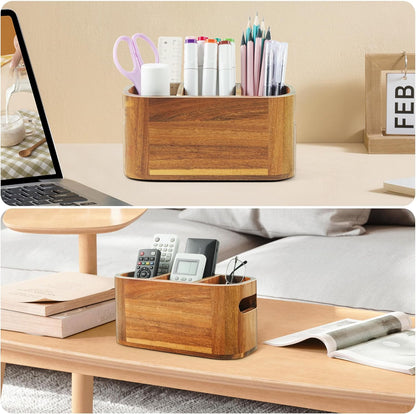 Acacia Wood Pencil Pen Holder for Desk, Wooden Office Organizer with 3 Slots for Countertop, Makeup Brush Holder Remote Control Organizer for School Home Supplies