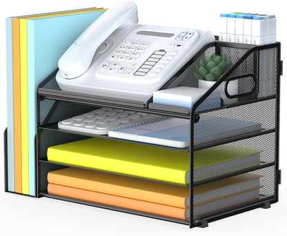 DocNest 4 Tier Metal Mesh Letter Tray - Space Saving Desk File Organizer with Handle, Pen Holder & Folder Holder - Desktop Document Sorter for Office, Home, School, Classroom - Black