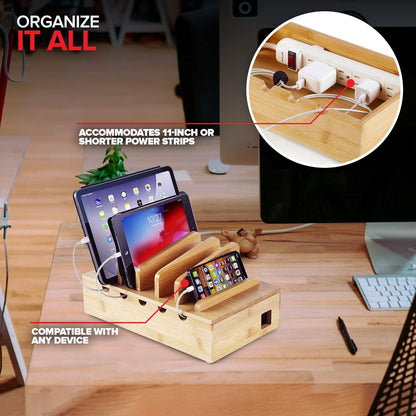 Modern Innovations Bamboo Charging Station for Multiple Devices (White) Wood Device Organizer, Desk Docking Stand for Cell-Phone Charger, Compatible with Apple, Android, iPad, iPhone, Tablet, Laptop